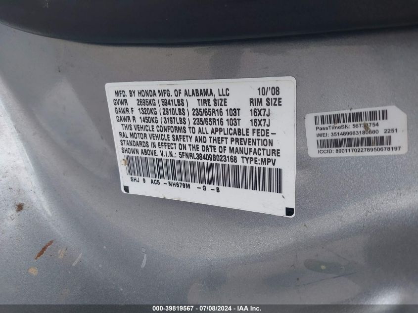 2009 Honda Odyssey Ex VIN: 5FNRL38409B023168 Lot: 39819567