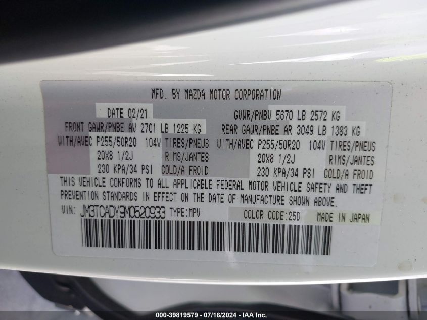 2021 MAZDA CX-9 GRAND TOURING - JM3TCADY9M0520933