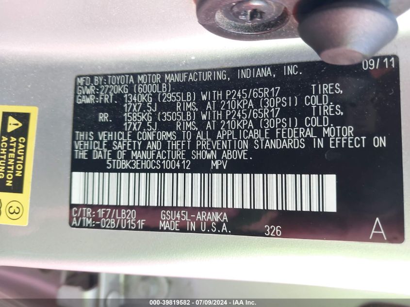 2012 Toyota Highlander Se V6 VIN: 5TDBK3EH0CS100412 Lot: 39819582