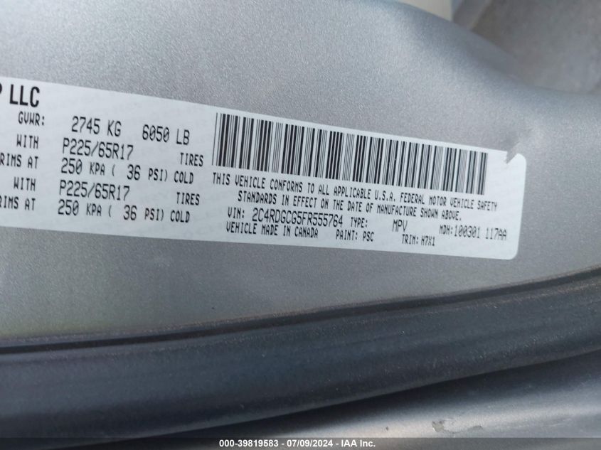 2015 Dodge Grand Caravan Sxt VIN: 2C4RDGCG5FR555764 Lot: 39819583