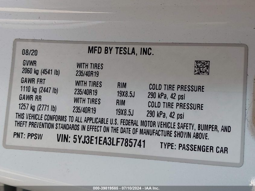 2020 Tesla Model 3 Standard Range Plus Rear-Wheel Drive/Standard Range Rear-Wheel Drive VIN: 5YJ3E1EA3LF785741 Lot: 39819585