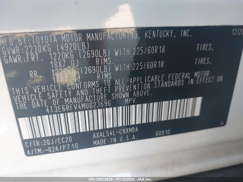 2021 Toyota Rav4 Xse VIN: 4T3E6RFV4MU023696 Lot: 39819625