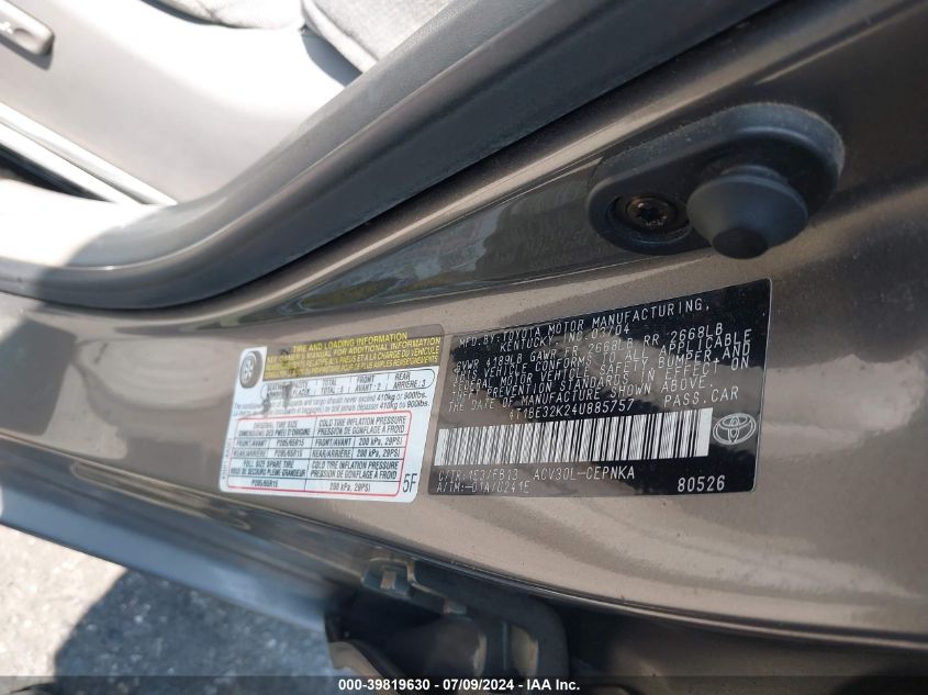 2004 Toyota Camry Le VIN: 4T1BE32K24U885757 Lot: 39819630