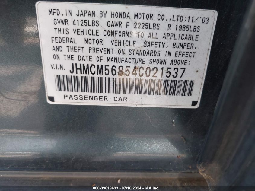 2004 Honda Accord 2.4 Ex VIN: JHMCM56854C021537 Lot: 39819633