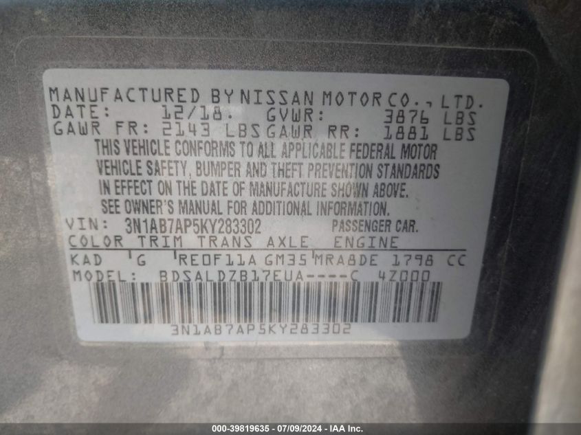 2019 Nissan Sentra Sv VIN: 3N1AB7AP5KY283302 Lot: 39819635