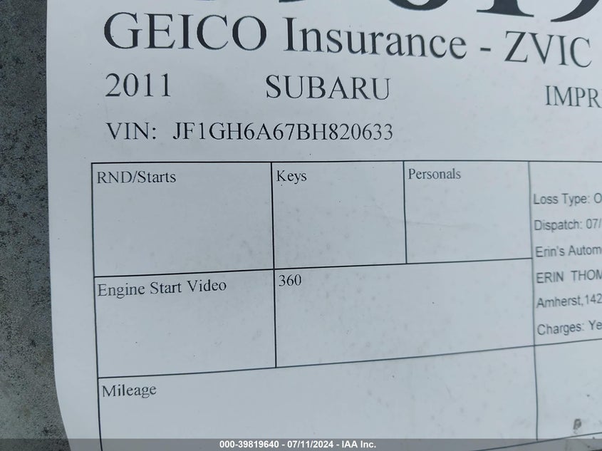2011 Subaru Impreza 2.5I VIN: JF1GH6A67BH820633 Lot: 39819640