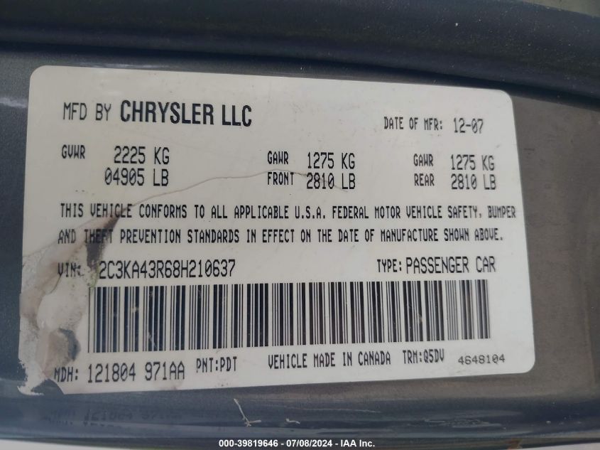 2008 Chrysler 300 Lx VIN: 2C3KA43R68H210637 Lot: 39819646