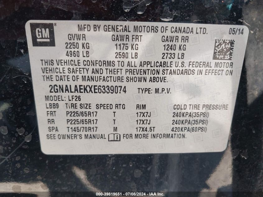 2014 Chevrolet Equinox Ls VIN: 2GNALAEKXE6339074 Lot: 39819651