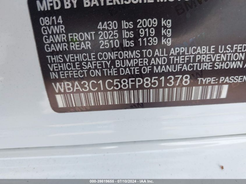 2015 BMW 328I VIN: WBA3C1C58FP851378 Lot: 39819655