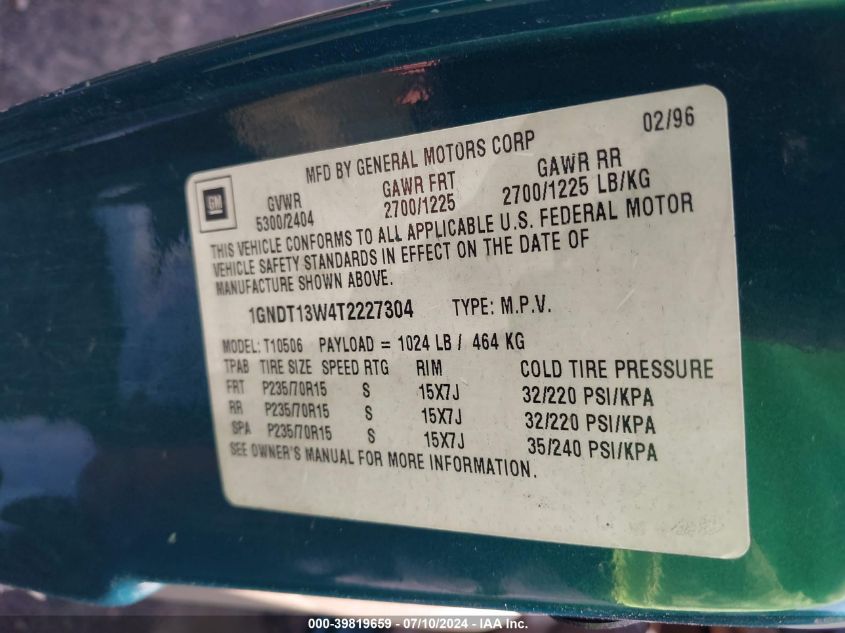 1996 Chevrolet Blazer VIN: 1GNDT13W4T2227304 Lot: 39819659