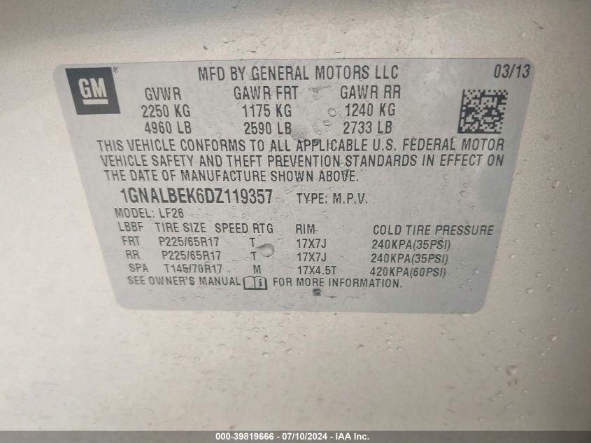 2013 Chevrolet Equinox Ls VIN: 1GNALBEK6DZ119357 Lot: 39819666