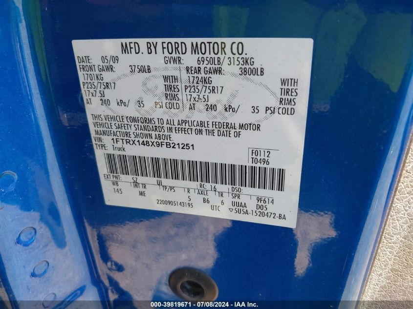 2009 Ford F-150 Stx/Xl/Xlt VIN: 1FTRX148X9FB21251 Lot: 39819671