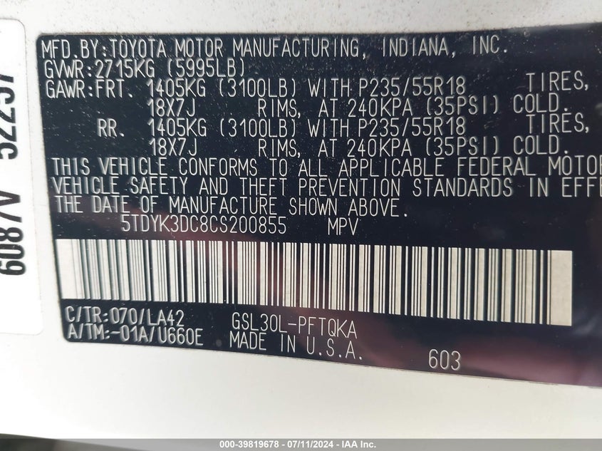 2012 Toyota Sienna Limited V6 7 Passenger VIN: 5TDYK3DC8CS200855 Lot: 39819678