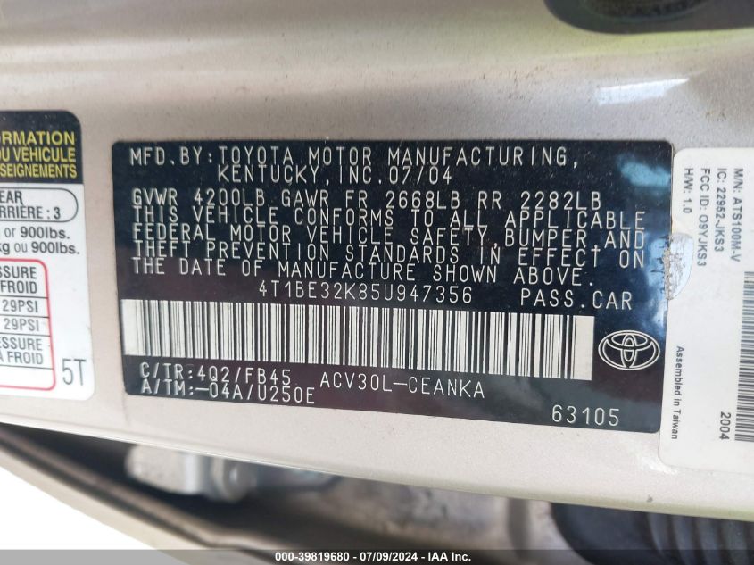 2005 Toyota Camry Std VIN: 4T1BE32K85U947356 Lot: 39819680