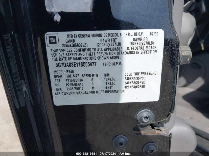 2001 Pontiac Aztek VIN: 3G7DA03E11S505477 Lot: 39819681