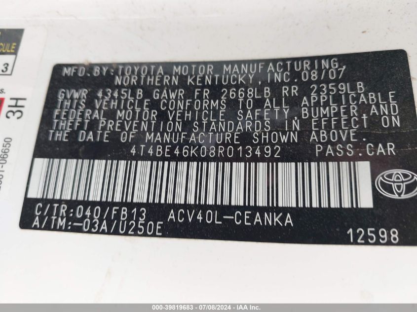 2008 Toyota Camry Le VIN: 4T4BE46K08R013492 Lot: 39819683