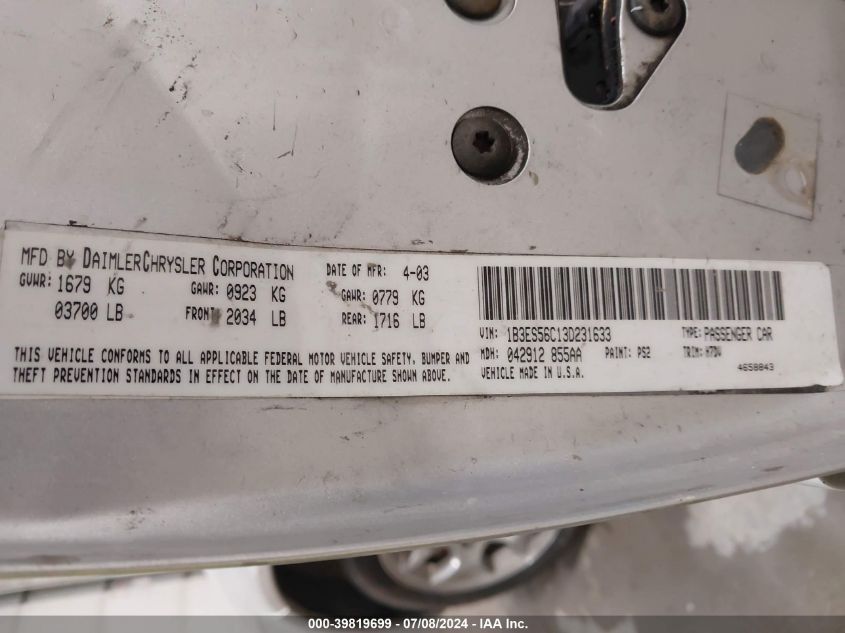 2003 Dodge Neon Sxt VIN: 1B3ES56C13D231633 Lot: 39819699