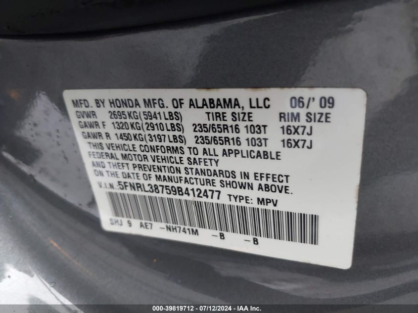 2009 Honda Odyssey Ex-L VIN: 5FNRL38759B412477 Lot: 39819712