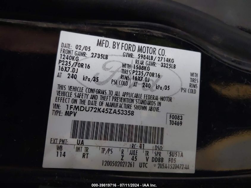 2005 Ford Explorer Xls/Xls Sport VIN: 1FMDU72K45ZA53358 Lot: 39819716