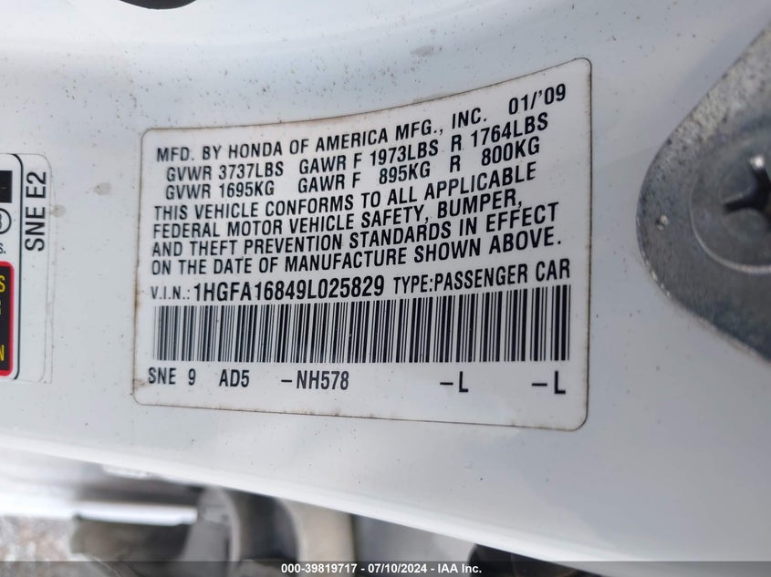 2009 Honda Civic Sdn Ex VIN: 1HGFA16849L025829 Lot: 39819717