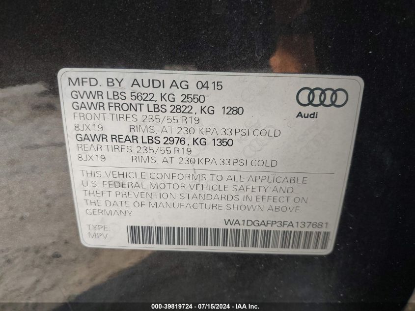 2015 Audi Q5 3.0T Premium Plus VIN: WA1DGAFP3FA137681 Lot: 39819724