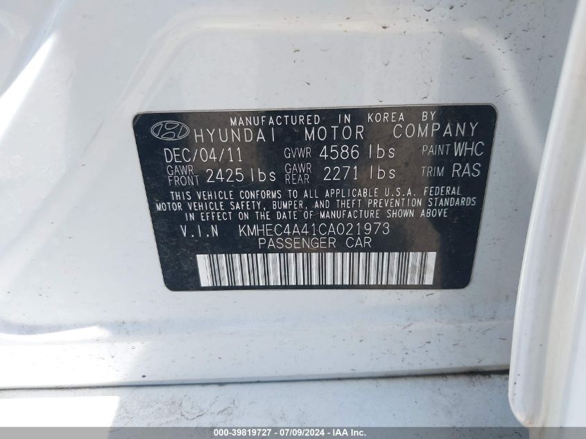 2012 Hyundai Sonata Hybrid VIN: KMHEC4A41CA021973 Lot: 39819727