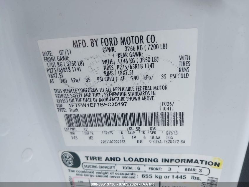 2011 Ford F-150 Supercrew VIN: 1FTFW1EF7BFC35197 Lot: 39819738