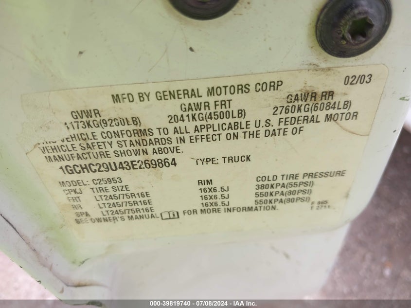 2003 Chevrolet Silverado 2500Hd VIN: 1GCHC29U43E269864 Lot: 39819740