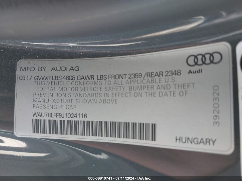 2018 Audi A3 2.0T Premium/2.0T Tech Premium VIN: WAU78LFF9J1024116 Lot: 39819741