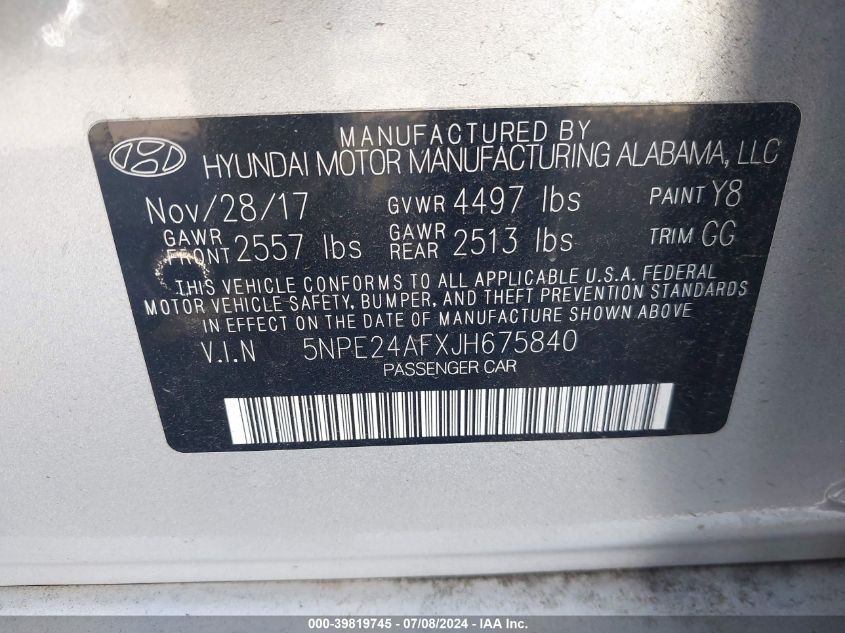 2018 HYUNDAI SONATA SE - 5NPE24AFXJH675840