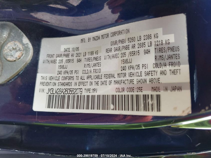 2006 Mazda Mpv Wagon VIN: JM3LW28A260562079 Lot: 39819759