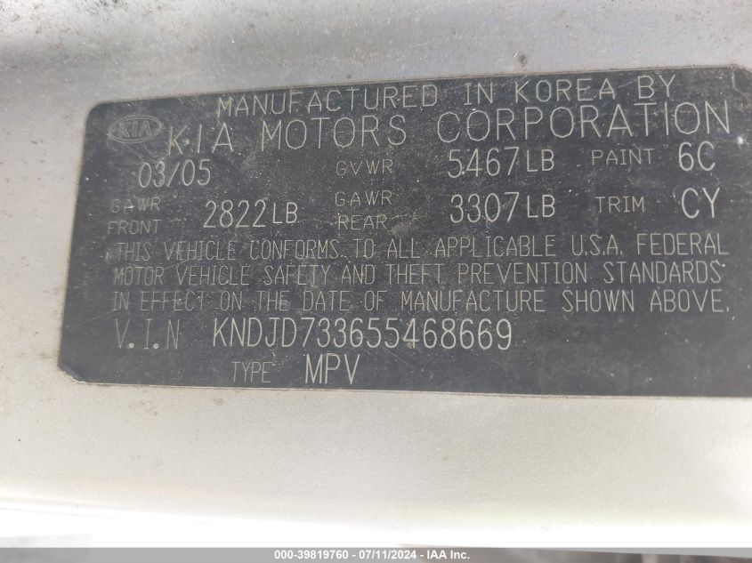 2005 Kia Sorento Ex/Lx VIN: KNDJD733655468669 Lot: 39819760