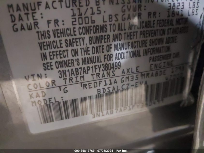 2015 Nissan Sentra S VIN: 3N1AB7AP1FY380499 Lot: 39819769