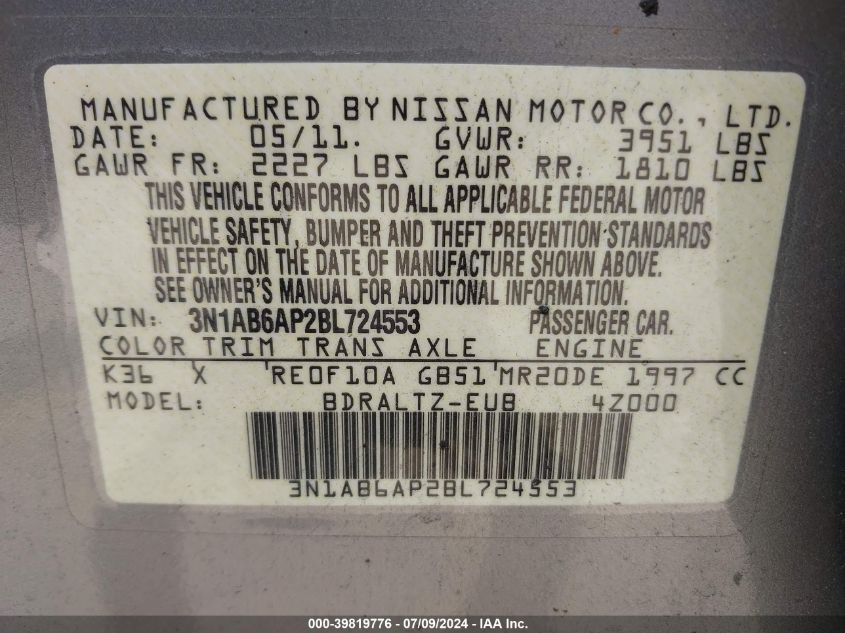 2011 Nissan Sentra 2.0S VIN: 3N1AB6AP2BL724553 Lot: 39819776