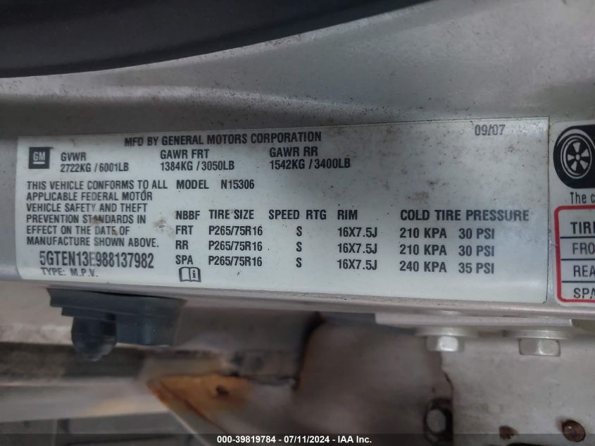 2008 Hummer H3 Suv VIN: 5GTEN13E988137982 Lot: 39819784