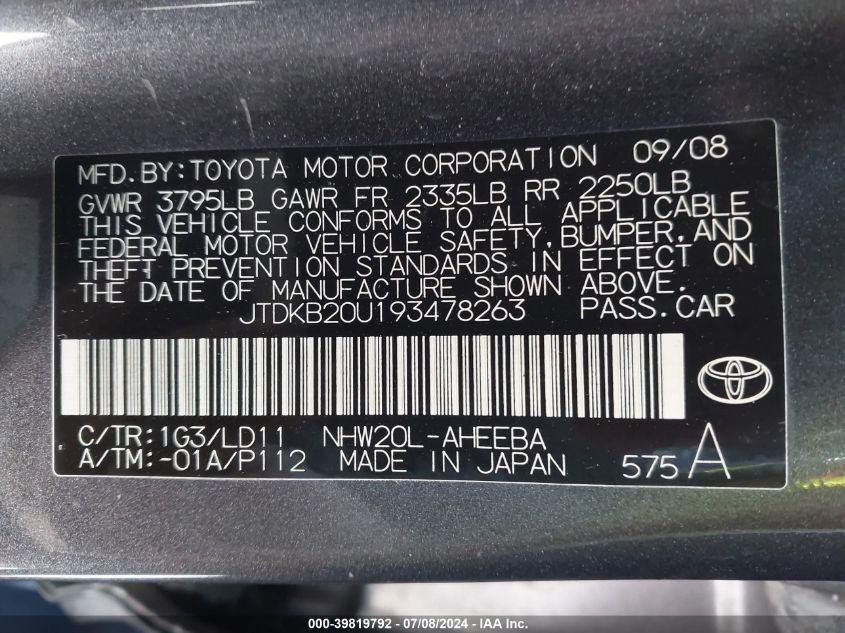 2009 Toyota Prius VIN: JTDKB20U193478263 Lot: 39819792