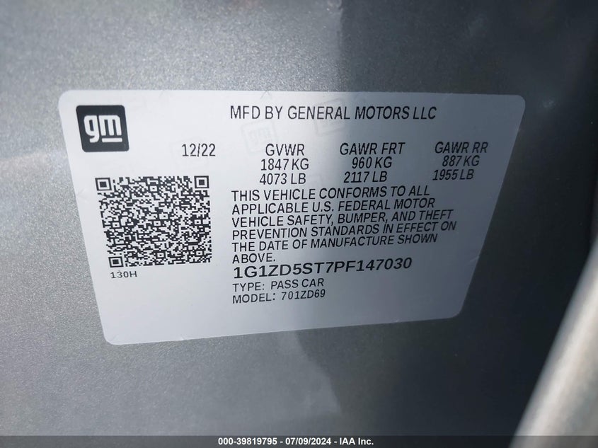 2023 Chevrolet Malibu Lt VIN: 1G1ZD5ST7PF147030 Lot: 39819795