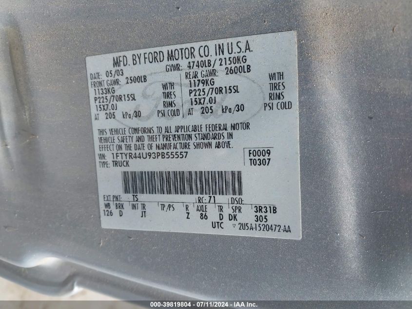 2003 Ford Ranger VIN: 1FTYR44U93PB55557 Lot: 39819804