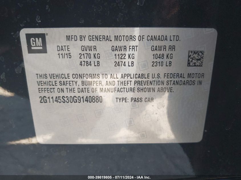 2016 Chevrolet Impala 2Lz VIN: 2G1145S30G9140880 Lot: 39819805