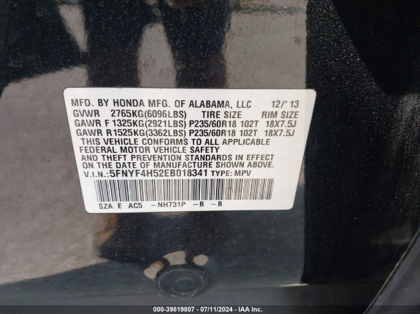 2014 Honda Pilot Ex-L VIN: 5FNYF4H52EB018341 Lot: 39819807