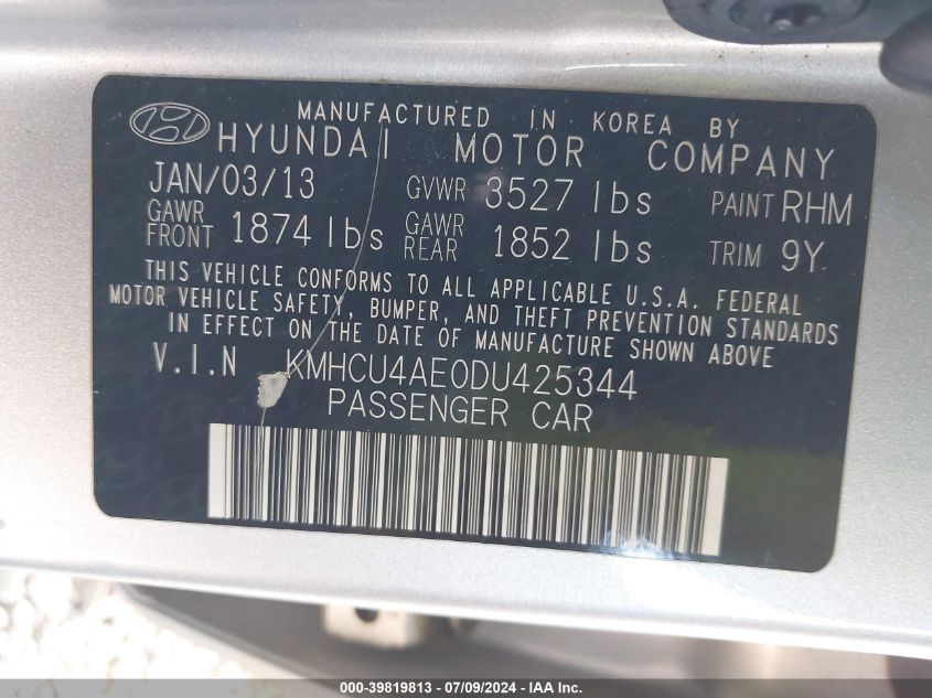 2013 Hyundai Accent Gls VIN: KMHCU4AE0DU425344 Lot: 39819813