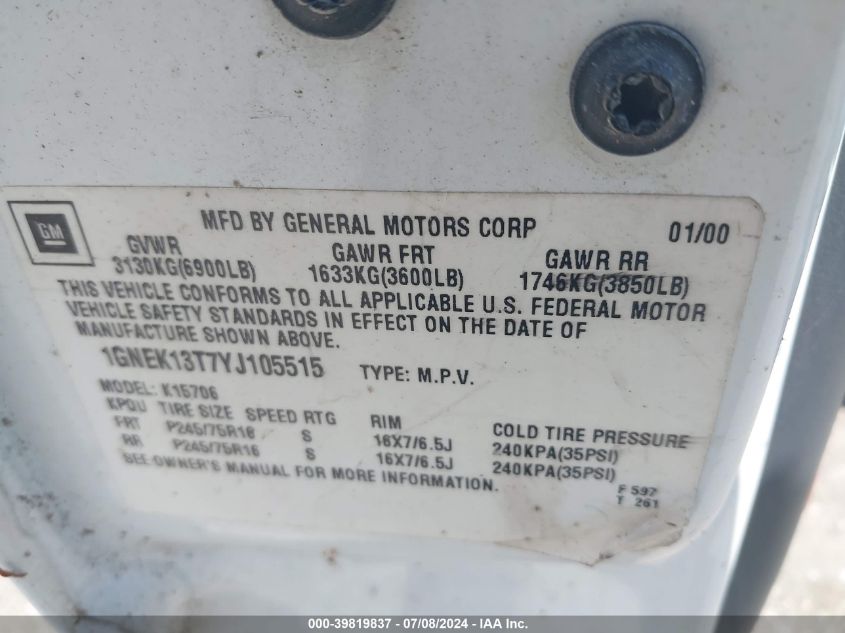 2000 Chevrolet Tahoe All New Ls VIN: 1GNEK13T7YJ105515 Lot: 39819837