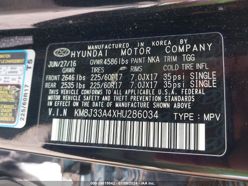 2017 Hyundai Tucson Limited/Sport And Eco/Se VIN: KM8J33A4XHU286034 Lot: 39819842