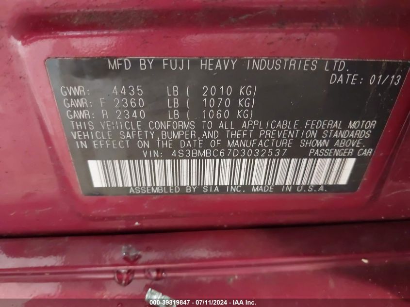 2013 Subaru Legacy 2.5I Premium VIN: 4S3BMBC67D3032537 Lot: 39819847