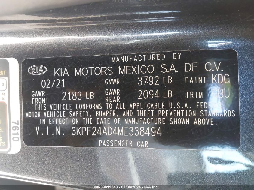 2021 Kia Forte Lxs VIN: 3KPF24AD4ME338494 Lot: 39819848