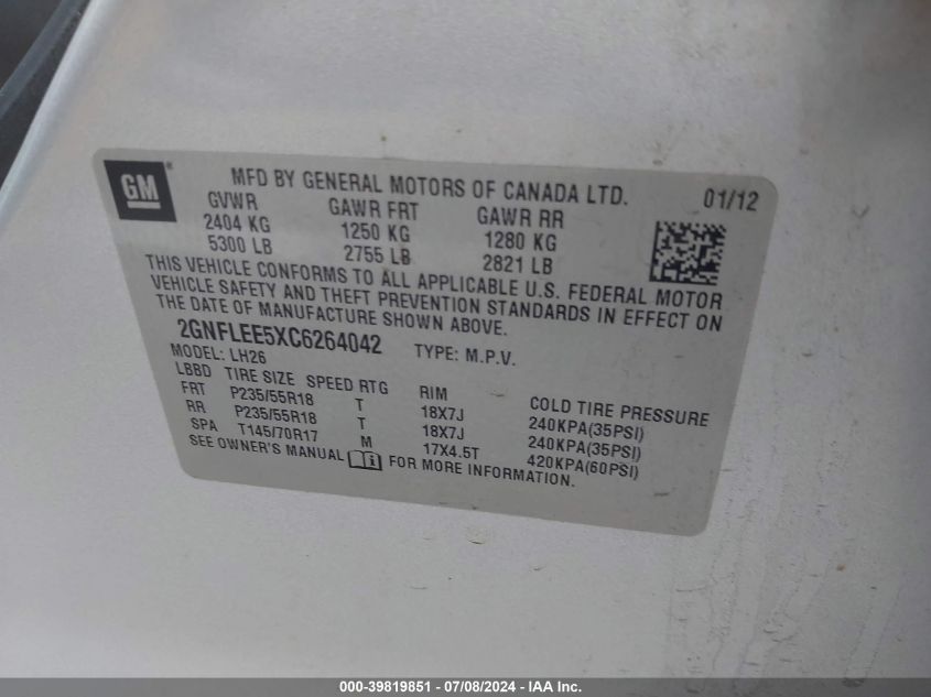 2012 Chevrolet Equinox 1Lt VIN: 2GNFLEE5XC6264042 Lot: 39819851