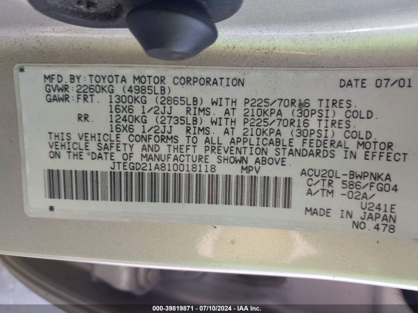 2001 Toyota Highlander VIN: JTEGD21A810018118 Lot: 39819871