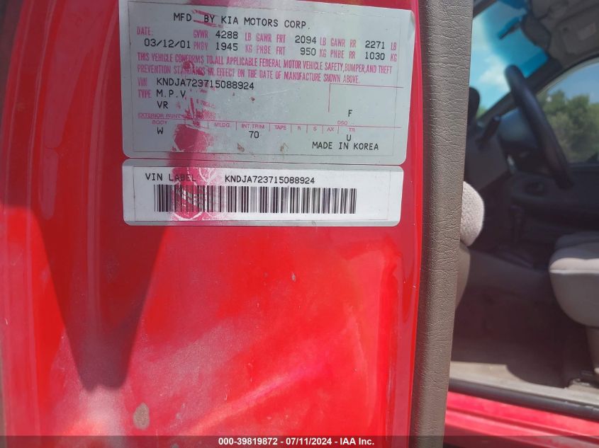 2001 Kia Sportage Ex/Limited VIN: KNDJA723715088924 Lot: 39819872