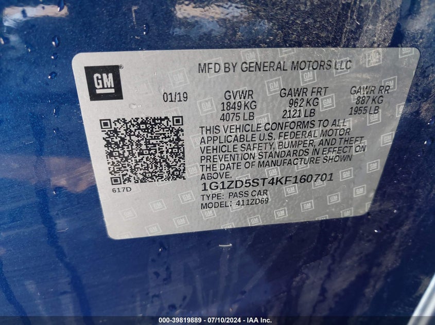 2019 Chevrolet Malibu Lt VIN: 1G1ZD5ST4KF160701 Lot: 39819889