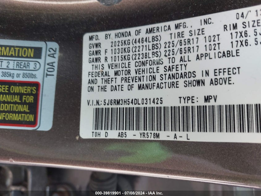 2013 Honda Cr-V Ex VIN: 5J6RM3H54DL031425 Lot: 39819901